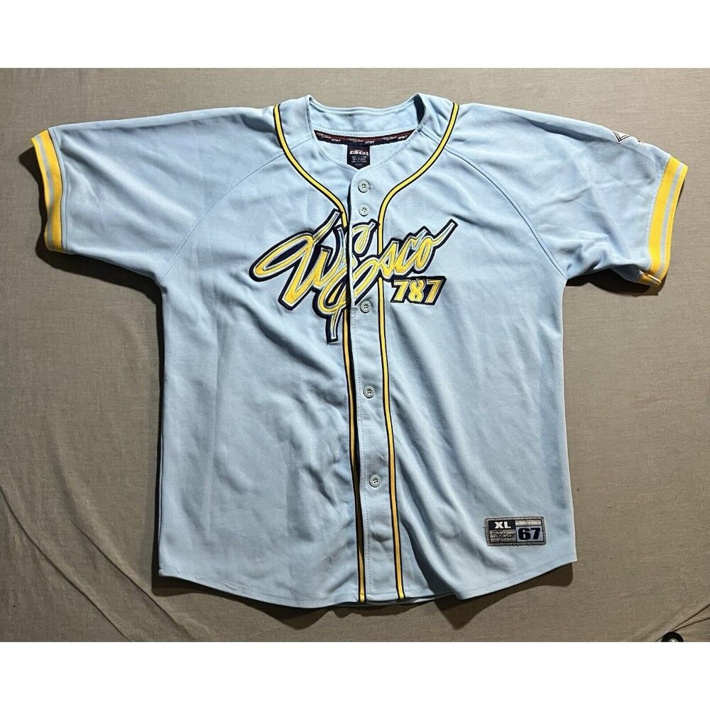 Vintage Willie Esco Baseball Jersey Mens Large Blue Button Sewn Short‎ Sleeve.